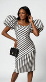 Dramatic Striped Midi Dress with Statement Sleeves - 9758