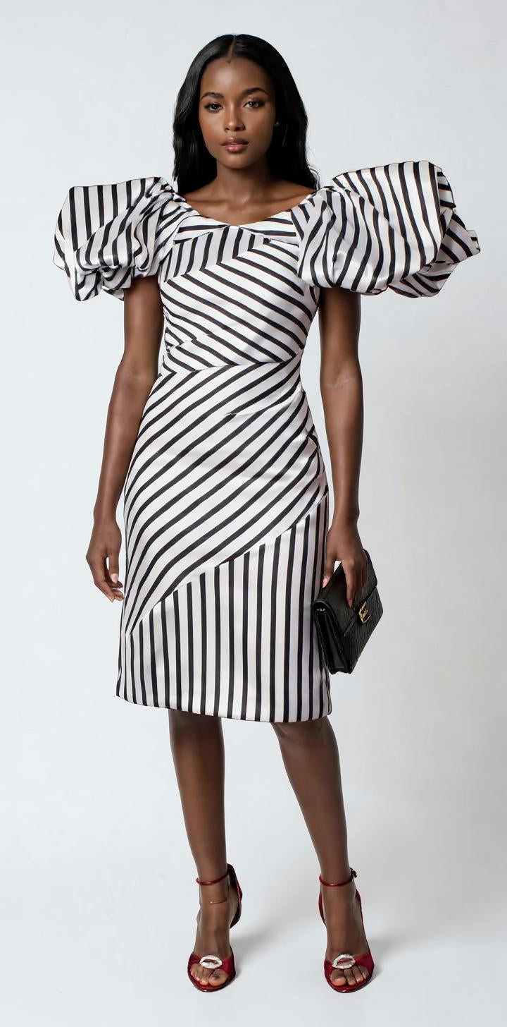 Dramatic Striped Midi Dress with Statement Sleeves - 9758