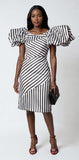 Dramatic Striped Midi Dress with Statement Sleeves - 9758